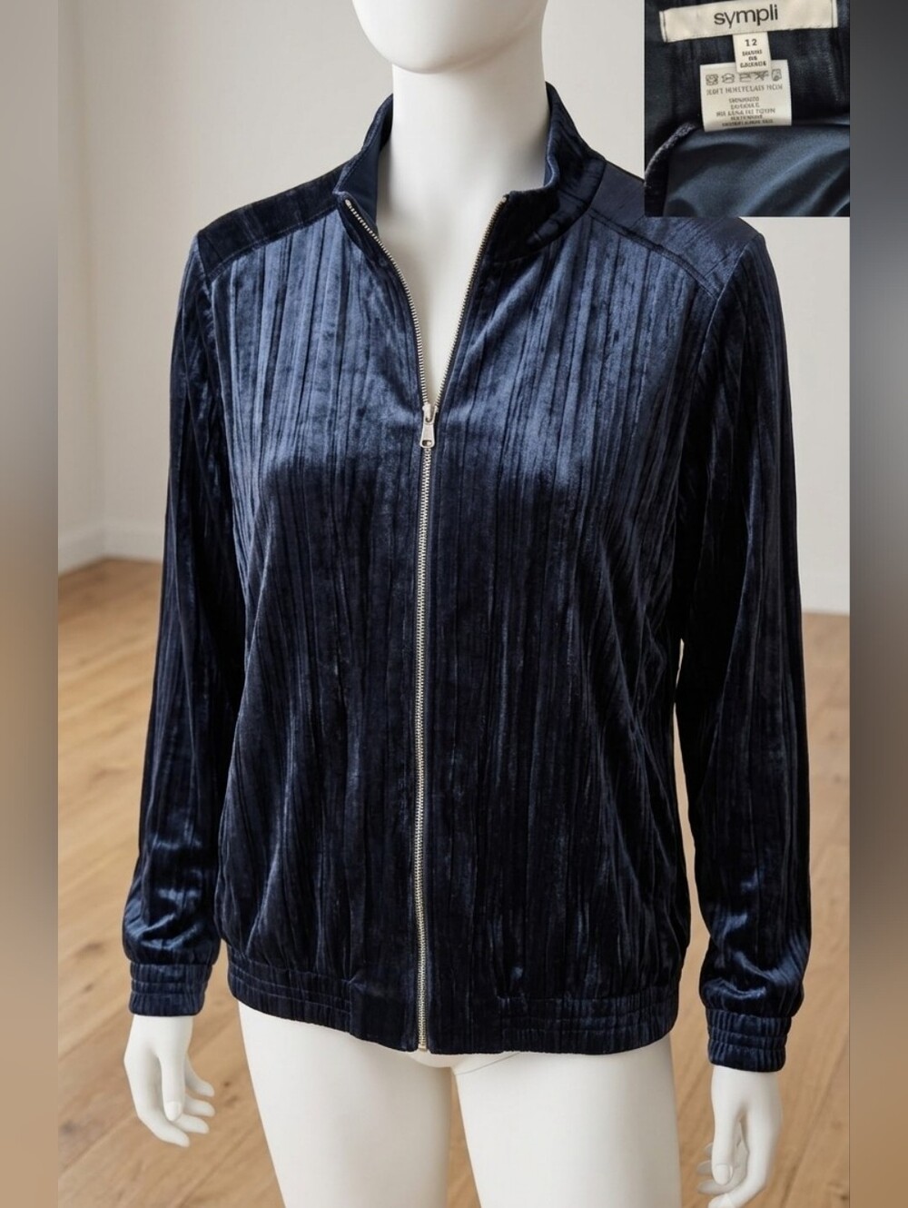 Sympli Crushed Velvet Bomber Jacket Navy Blue Size 12 Made in Canada